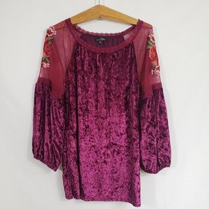 Crushed velour dark fuchsia embroidered tunic XL